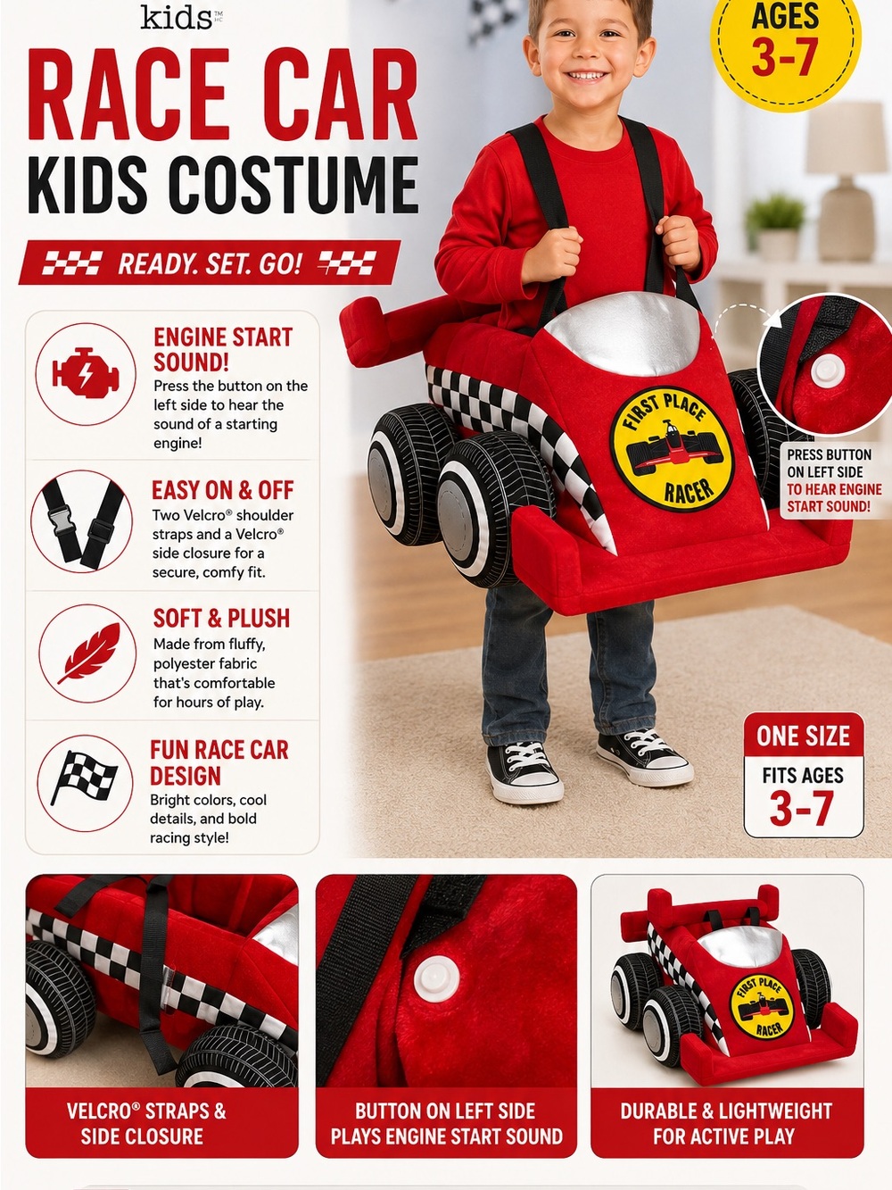 Kids Red Race Car Costume with Sound